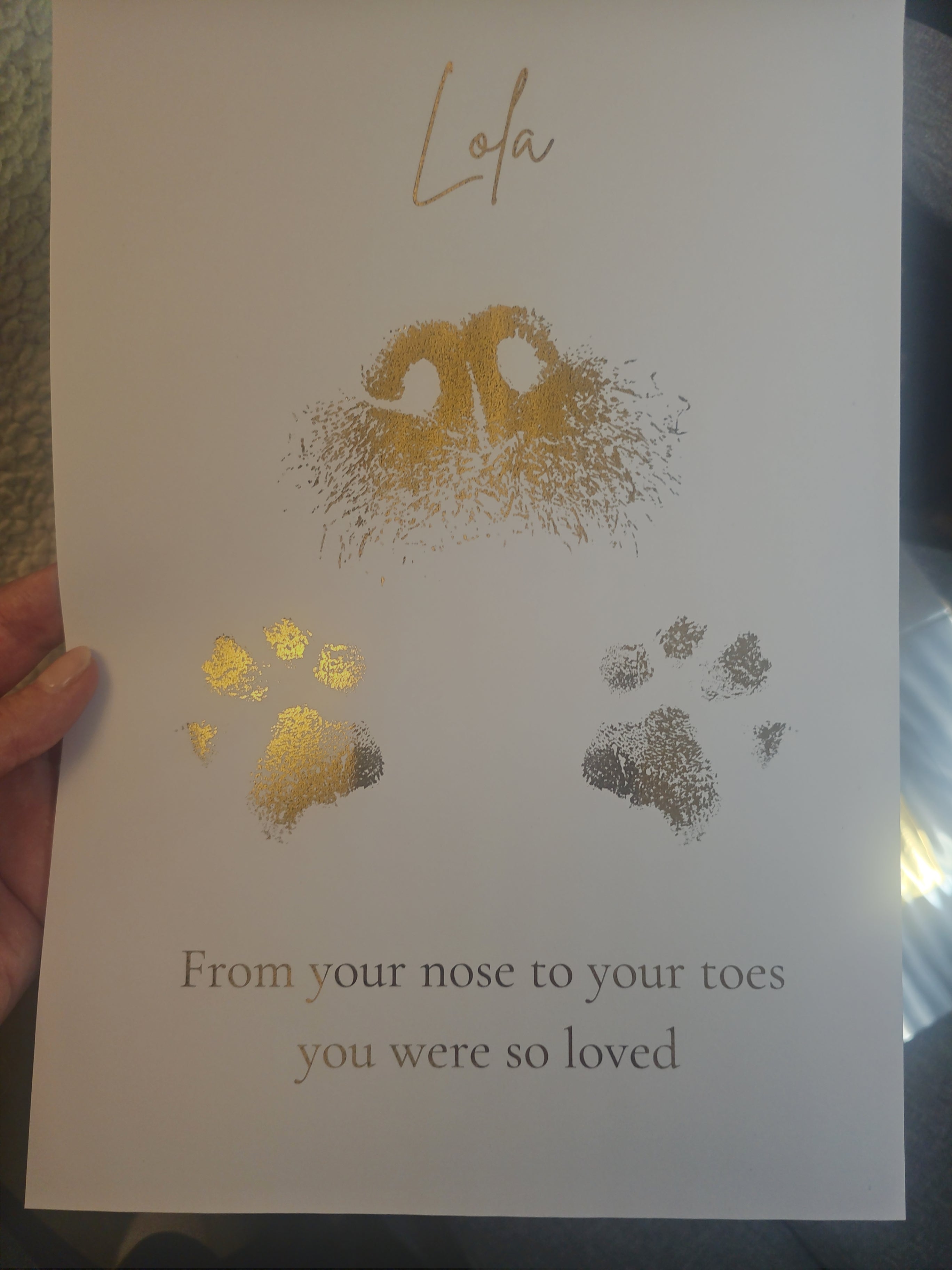 A4 personalised pet tribute nose and pawprint foiled art