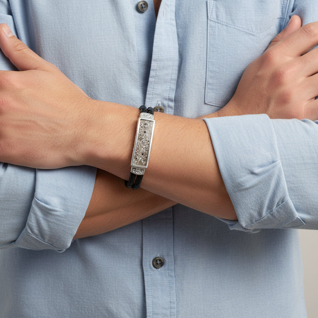 Aureon' Leather Sterling Silver  Memorial Unisex Bracelet