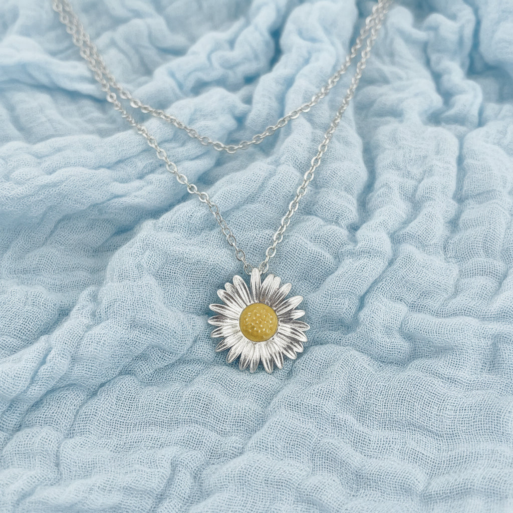 A stainless steel daisy necklace with a textured yellow center. Daisy Bloom Memorial Pendat at Tilly&Co Memorial Jewellery. 