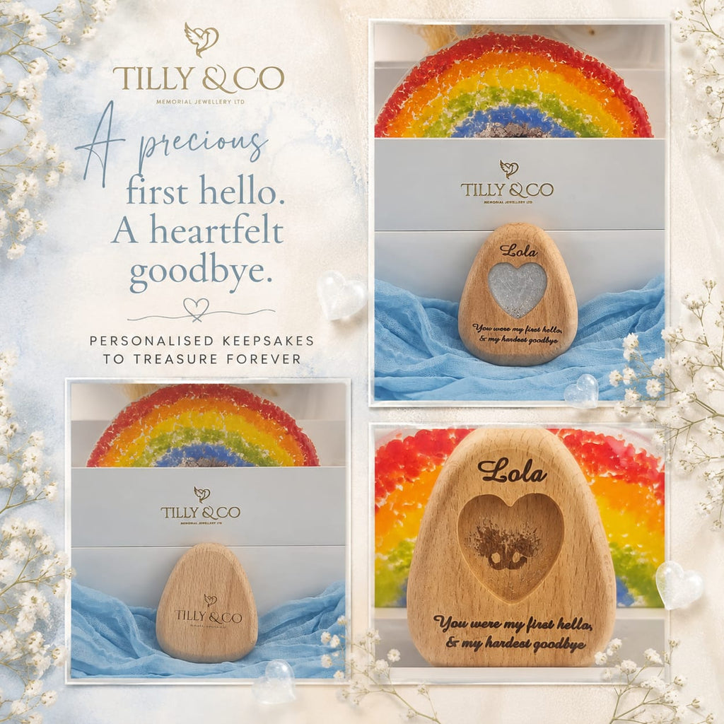A collage showing a Tilly & Co personalized wooden keepsake box with a rainbow insert and a carved wooden teardrop-shaped keepsake labeled with a name and a message. 