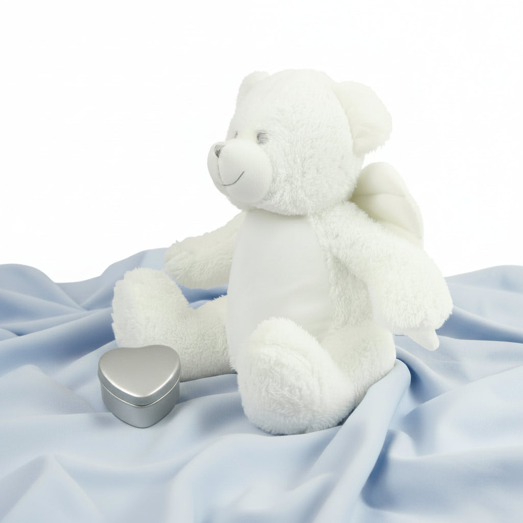 Personalised Memory Angel bear with  wings, a tummy for personalisation , a discreet zipped compartment for a keepsake tin