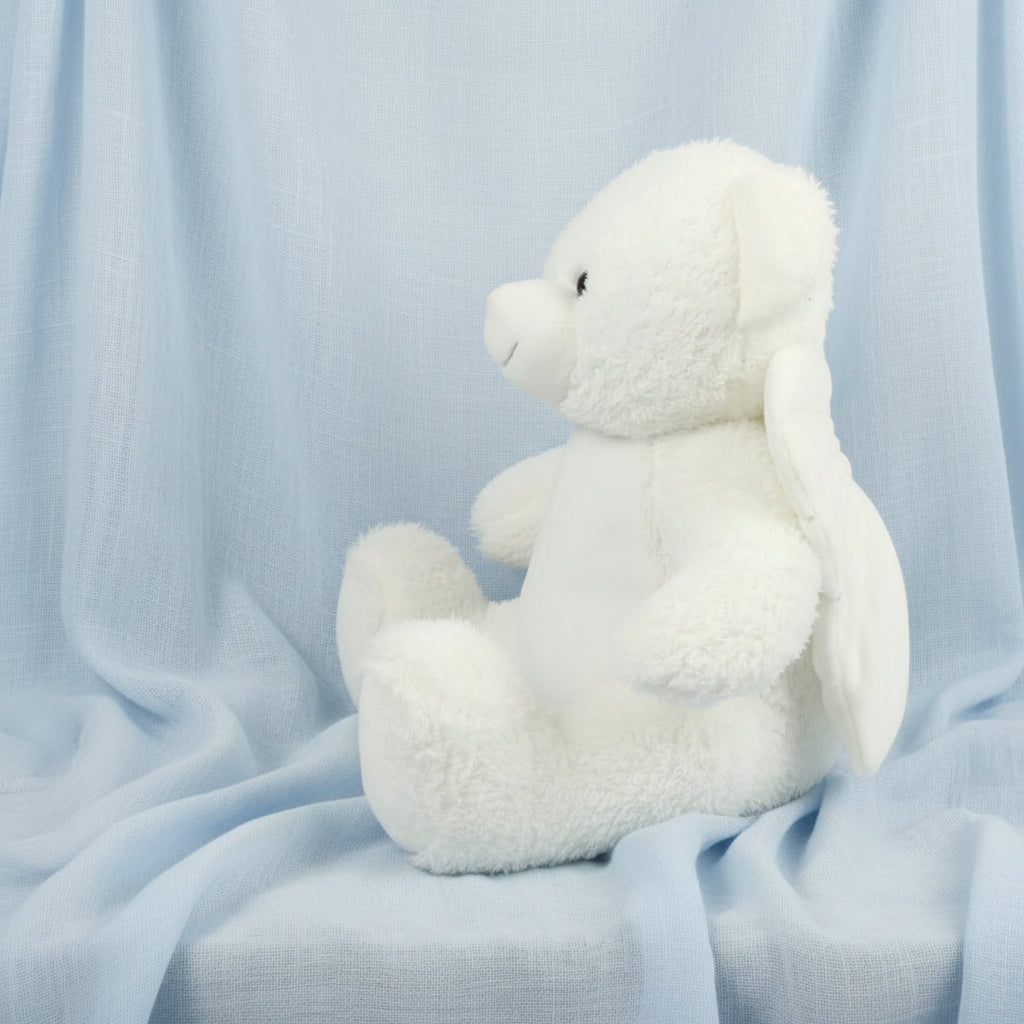 Personalised Memory Angel bear with  wings, a tummy for personalisation , with a discreet zipped compartment for a keepsake tin