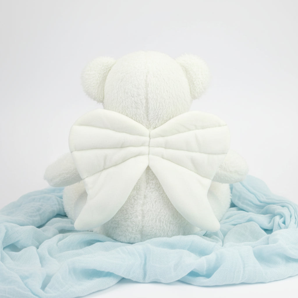 Personalised Memory Angel bear with  wings, a discreet zipped compartment for a keepsake tin