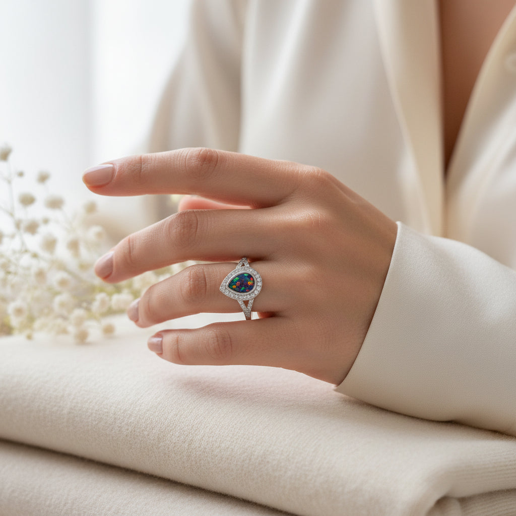Selene' Teardrop Sterling Silver  Memorial Diamanté Ring.