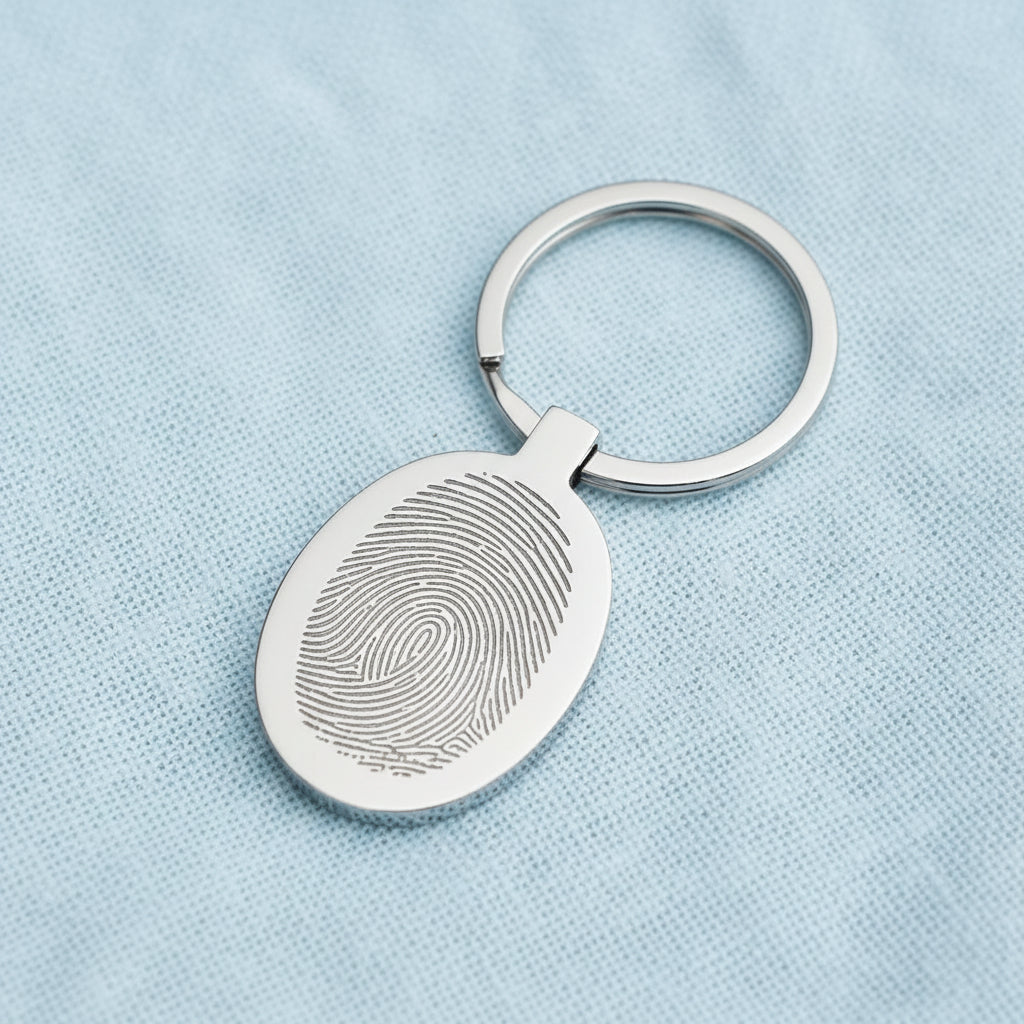 Stainless Steel Personalised Engraved Keepsake Oval Keyring With Fingerprint.