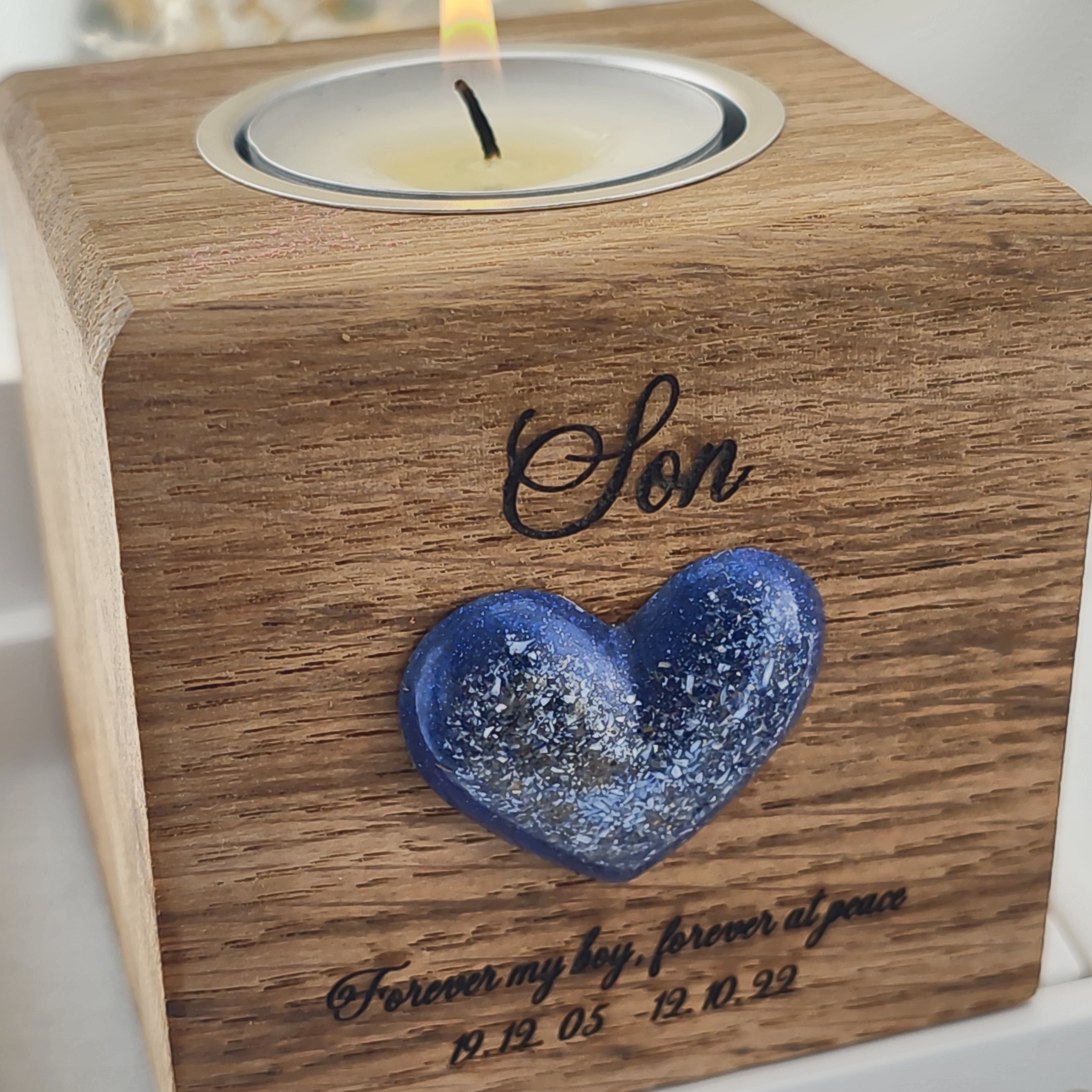 The 'Whispering light 'Oak Urn with  heart and  hidden ashes urn Keepsake