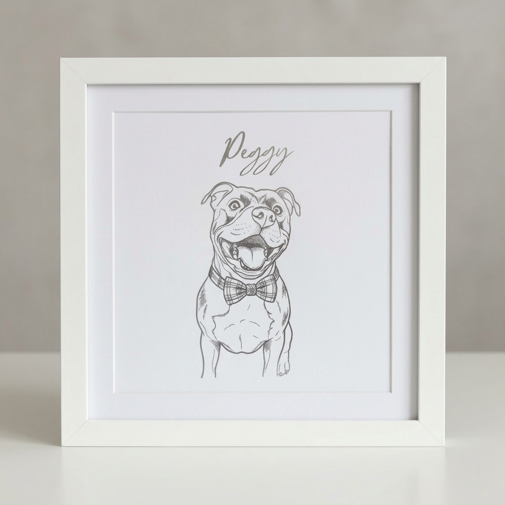 Personalised Peggy dog portrait with her name above a line drawing, displayed in a white frame.
