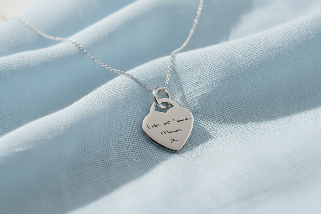 Heart pendant on pale blue cheesecloth