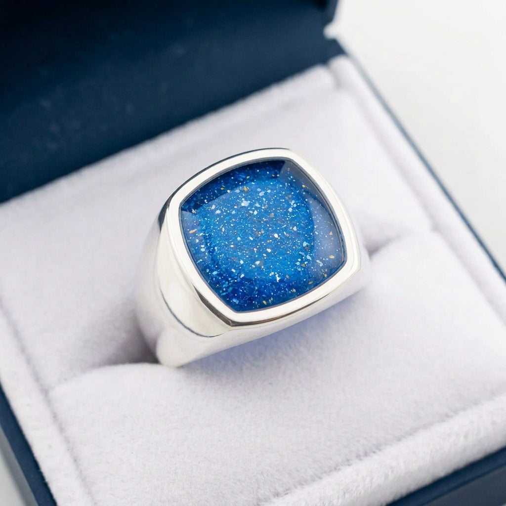 Sterling Silver Mens Monarch signet ring with memorial ashes centre
