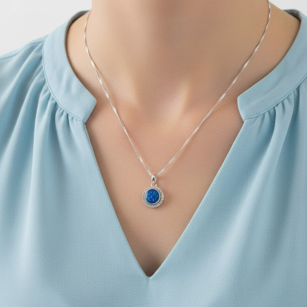 Tilly & Co Memorial Jewellery Ltd Celestia sterling silver pendant with a blue resin centre and crystal halo on chain