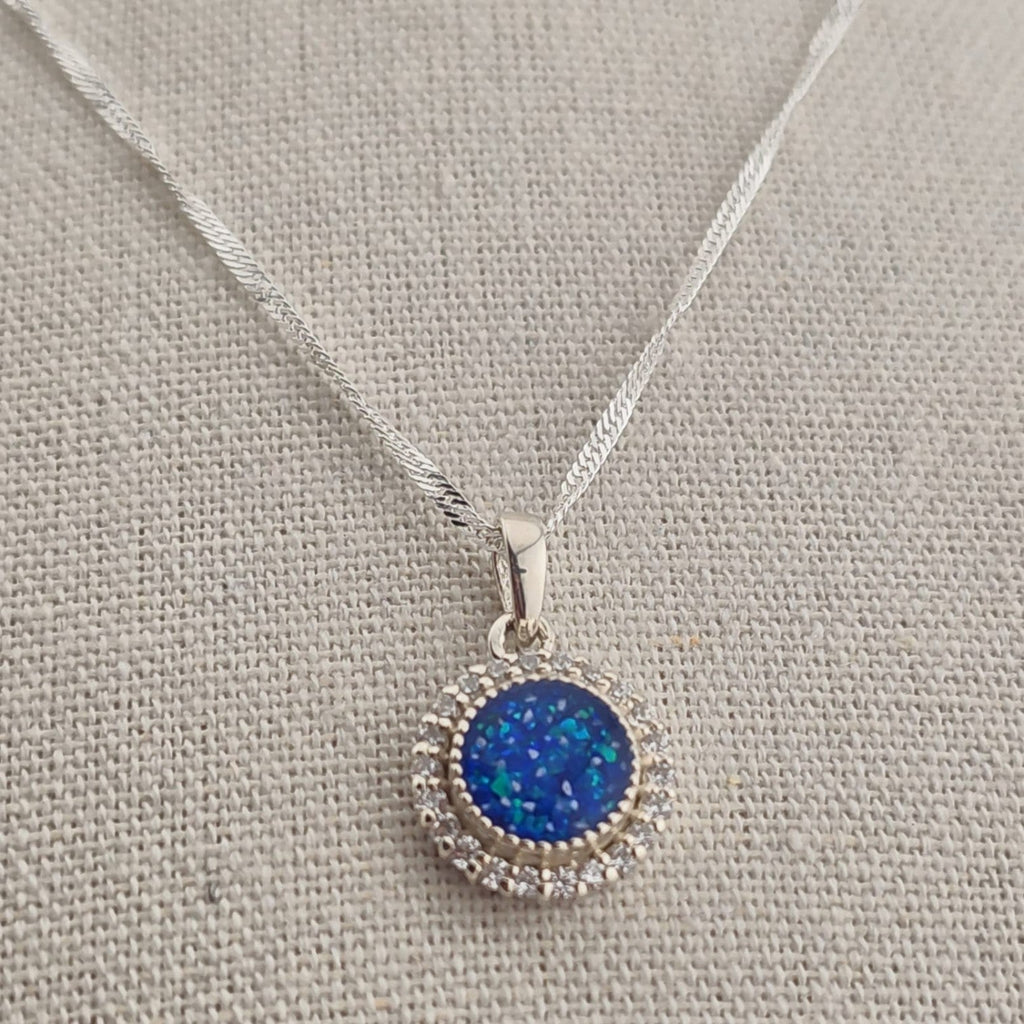 Tilly & Co Memorial Jewellery Ltd Celestia sterling silver pendant with a blue resin centre and crystal halo